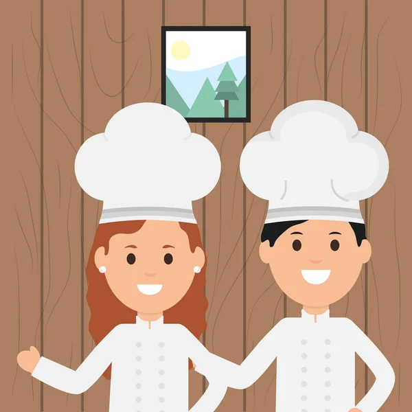 Шеф-повар мужчина и женщина работают в команде настенная деревянная рамка картина — стоковый вектор