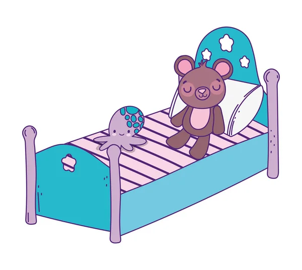 Cute bed with teddy bear and octopus toys — Vettoriale Stock