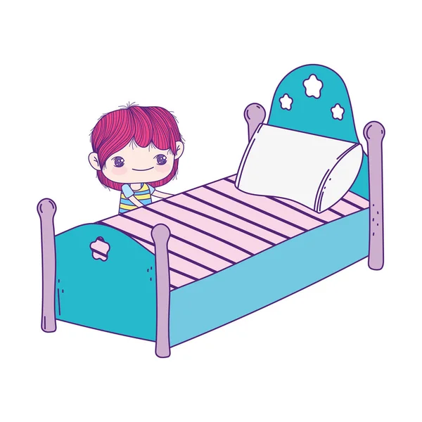 Cute little boy cartoon and bed with pillow — ストックベクタ