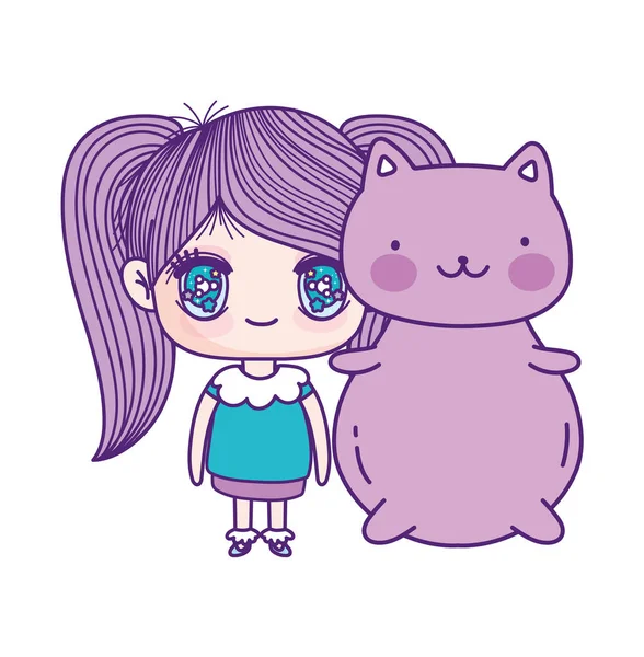 Kids, cute little girl anime cartoon with cute cat — Image vectorielle