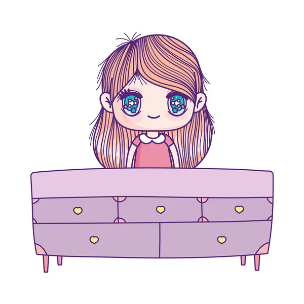 Cute little girl cartoon behind furniture drawers — ストックベクタ