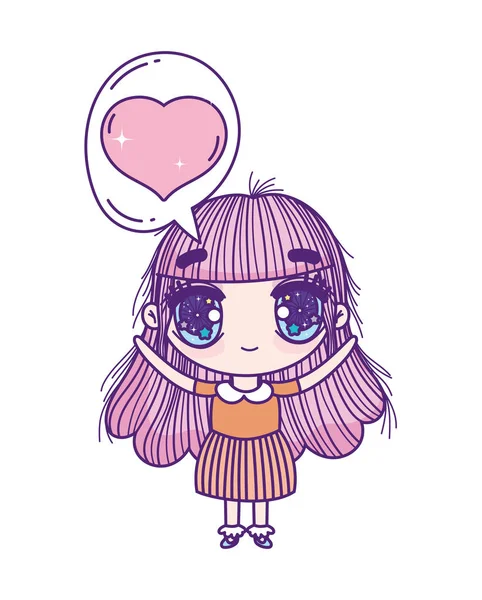 Kids, little girl anime cartoon in love chat bubble decoration — Stockvektor