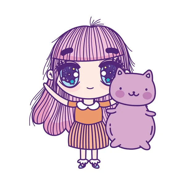 Kids, cute little girl anime cartoon with cute cat — Stockvector