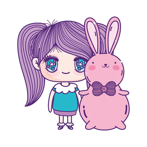 Kids, cute little girl anime cartoon and cute rabbit — Image vectorielle