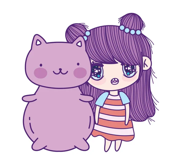 Kids, cute little girl anime cartoon and cat — Stockový vektor