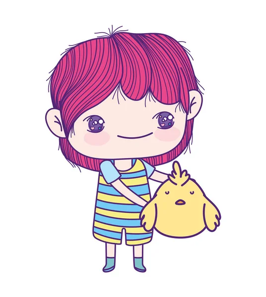 Cute little boy anime cartoon holding chicken — Wektor stockowy