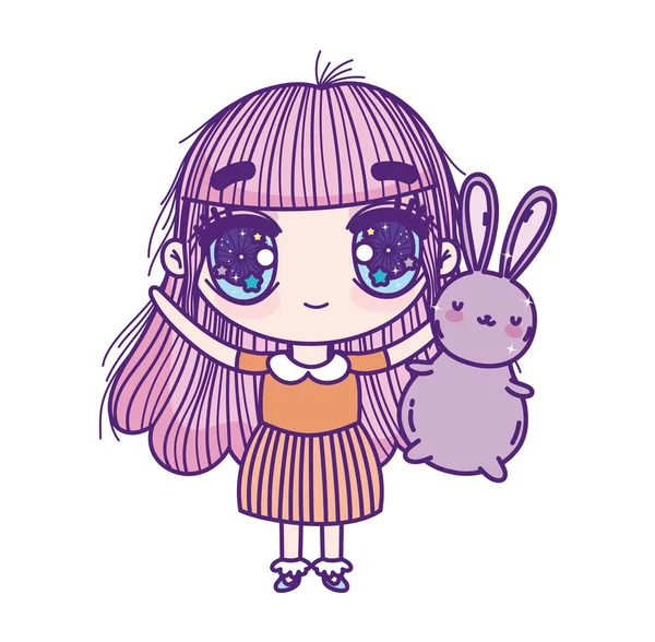 Kids, cute little girl anime cartoon holding fluffy bunny — Stockový vektor