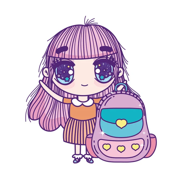 Kids, cute little girl anime cartoon with backpack — Stockvector