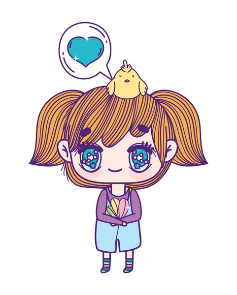 Cute little girl cartoon with chicken on head holding flower — Stock Vector