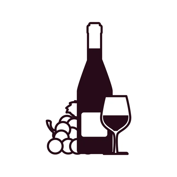 Wine bottle with grapes and cup block line style — ストックベクタ