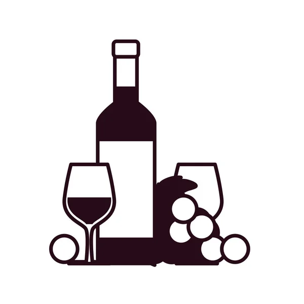 Wine bottle with grapes and cup block line style — Stockvector