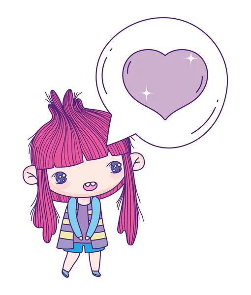 Kids, little girl anime cartoon in love chat bubble decoration — Stock Vector