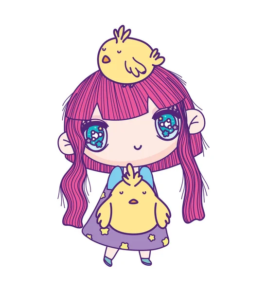 Kids, little girl anime cartoon with chickens — Stok Vektör