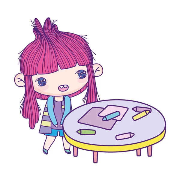 Desenho animado menina bonito com lápis de mesa e papel — Vetor de Stock