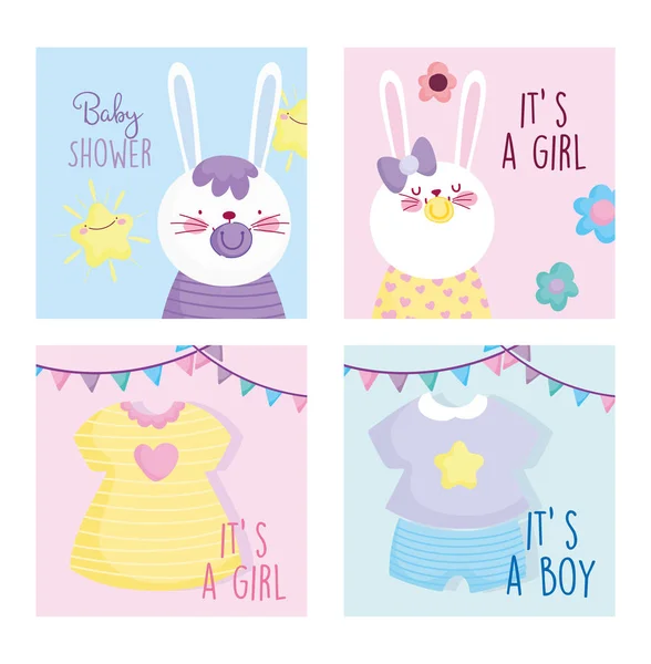 Chłopiec lub dziewczyna, płeć ujawnić baby shower cute króliczki karty — Wektor stockowy