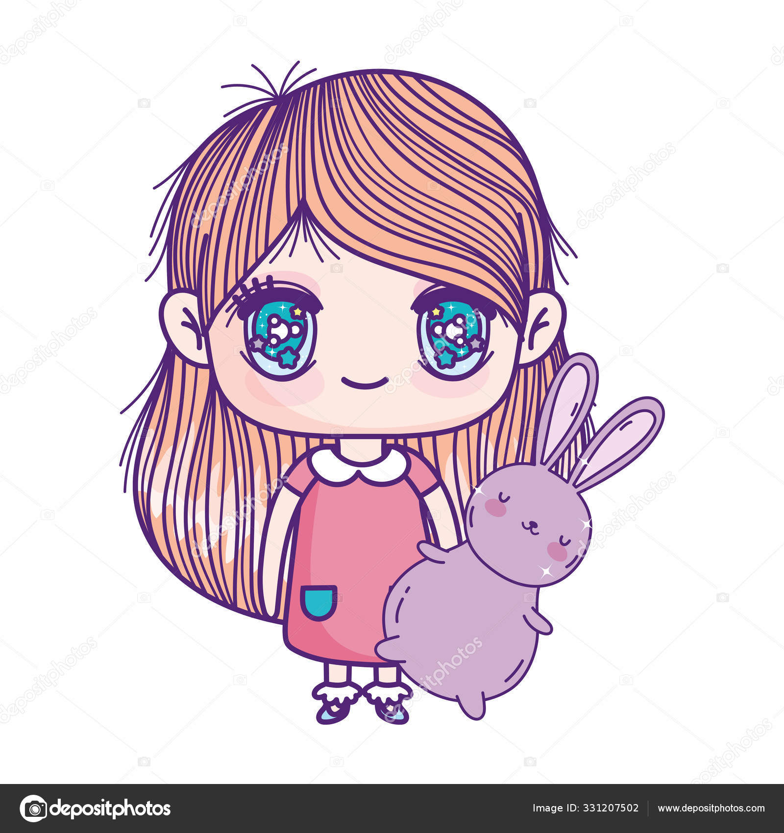Kids Cute Little Girl Anime Cartoon Holding Bunny ストックベクター C Stockgiu