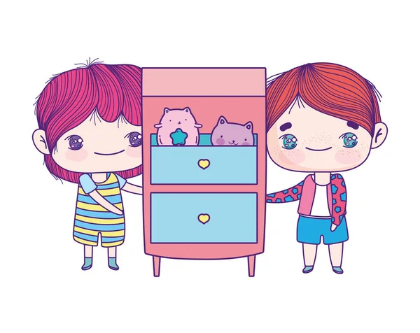 Çekmeceleri ve oyuncak kedileri olan şirin çocuklar çizgi filmi.