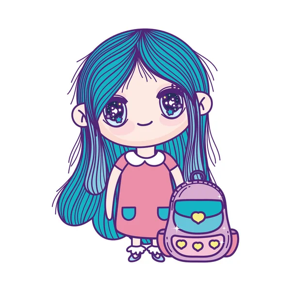 Kids, cute little girl anime cartoon with backpack — 스톡 벡터