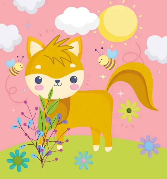 可愛い動物、花と空の野の小さな狐 — ストックベクタ