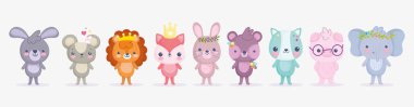 cute animals, little group rabbit lion pig elephant cat fox bear and mouse cartoon