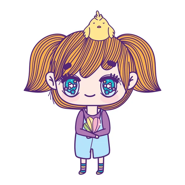 Cute little girl anime cartoon with chicken — Stok Vektör