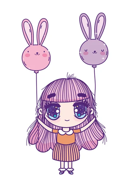 Kids, little girl anime cartoon with balloons shaped rabbits landscape — 图库矢量图片