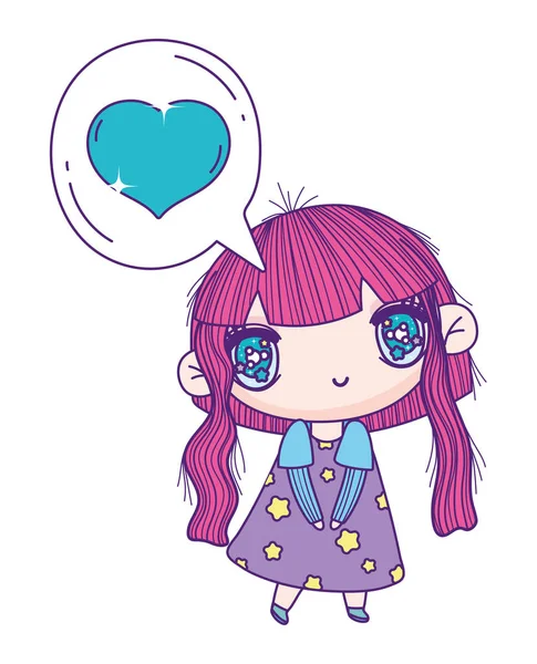 Kids, little girl anime cartoon in love chat bubble decoration —  Vetores de Stock