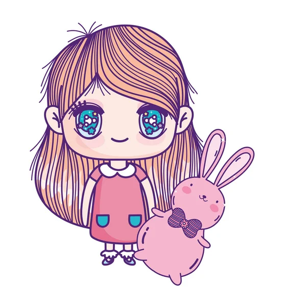 Kids, cute little girl anime cartoon holding fluffy bunny — Stok Vektör