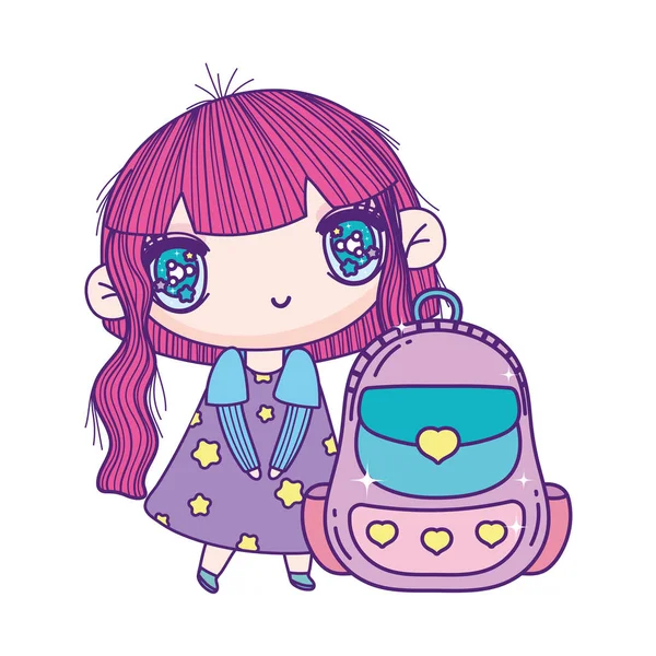 Kids, cute little girl anime cartoon with school backpack — стоковый вектор
