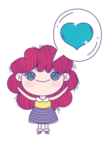 Kids, little girl anime cartoon in love chat bubble decoration — Vector de stock