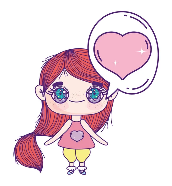 Kids, little girl anime cartoon in love chat bubble decoration — Archivo Imágenes Vectoriales