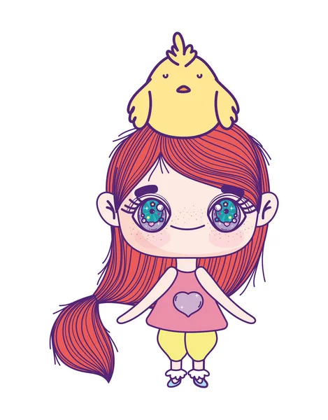 Cute little girl anime cartoon with chicken in head — Stock Vector