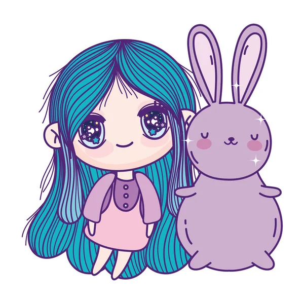 Kids, cute little girl anime cartoon bunny — стоковый вектор