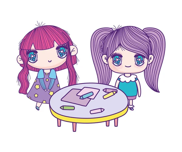 Mignonnes petites filles dessins animés avec table et crayons — Image vectorielle