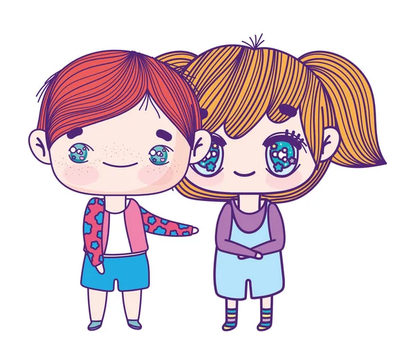 Kids, little girl and boy anime cartoon characters — Vettoriale Stock