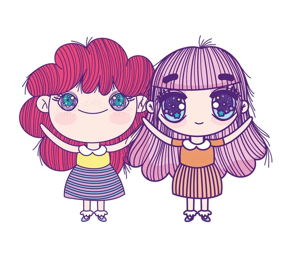 Kids, cute little girls anime cartoon characters — Stok Vektör