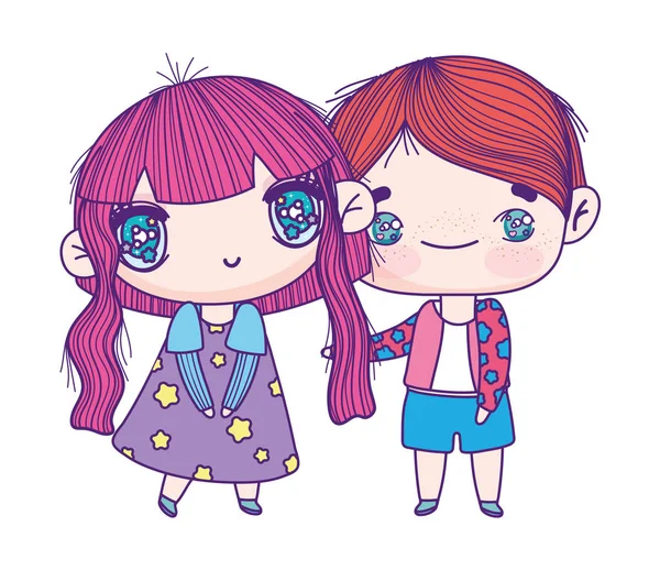 Kids, little girl and boy anime cartoon characters — Stockvector