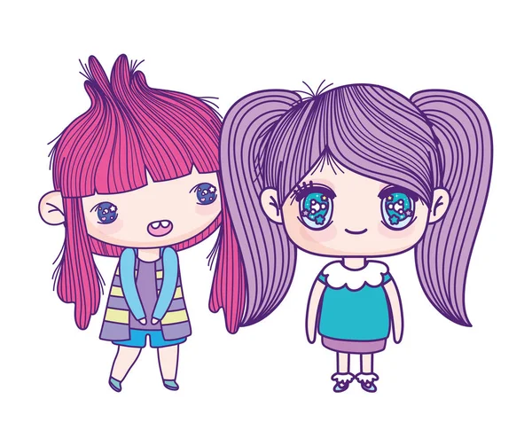 Kids, cute little girls anime cartoon characters — Stok Vektör