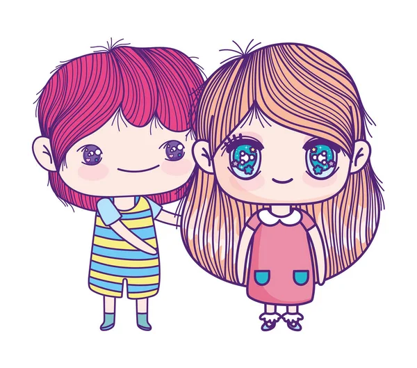 Kids, little girl and boy anime cartoon characters — Vector de stock