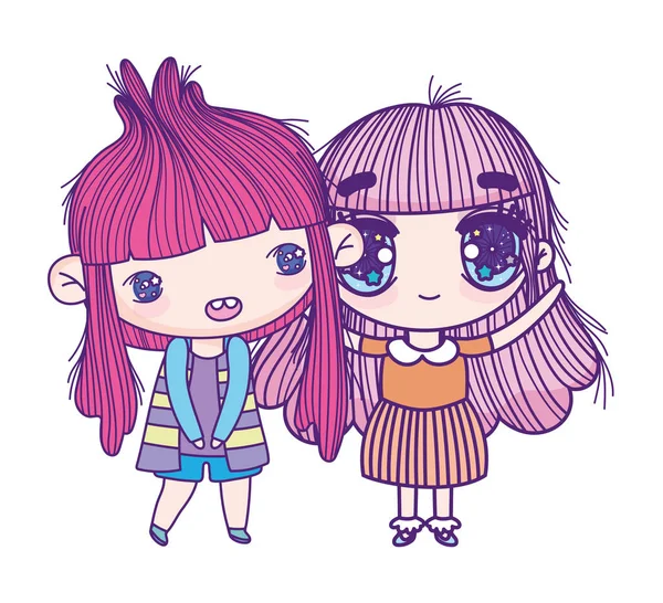 Kids, cute little girls anime cartoon characters — Stockový vektor