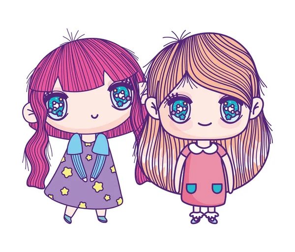 Kids, cute little girls anime cartoon characters — Stockový vektor