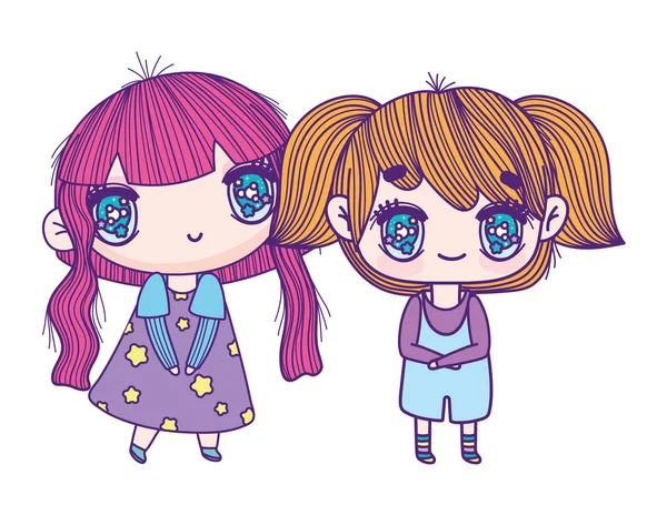 Kids, cute little girls anime cartoon characters — Stockový vektor