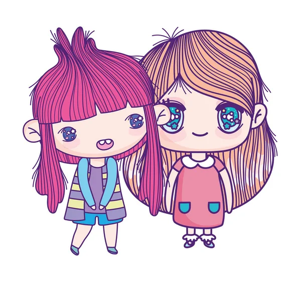 Kids, cute little girls anime cartoon characters — 스톡 벡터