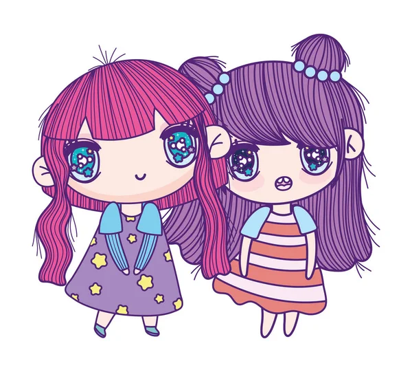 Kids, cute little girls anime cartoon characters — Stok Vektör