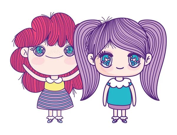 Kids, cute little girls anime cartoon characters — Stok Vektör