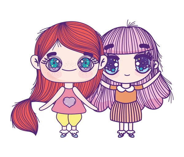 Kids, cute little girls anime cartoon characters — Stockový vektor