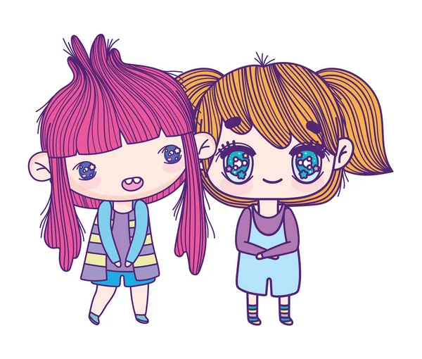 Kids, cute little girls anime cartoon characters — Stockový vektor
