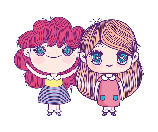 Kids, cute little girls anime cartoon characters — Vetor de Stock
