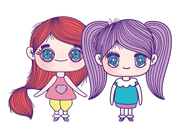 Kids, cute little girls anime cartoon characters — Stock Vector