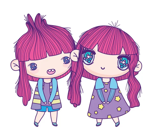 Kids, cute little girls anime cartoon characters — 스톡 벡터